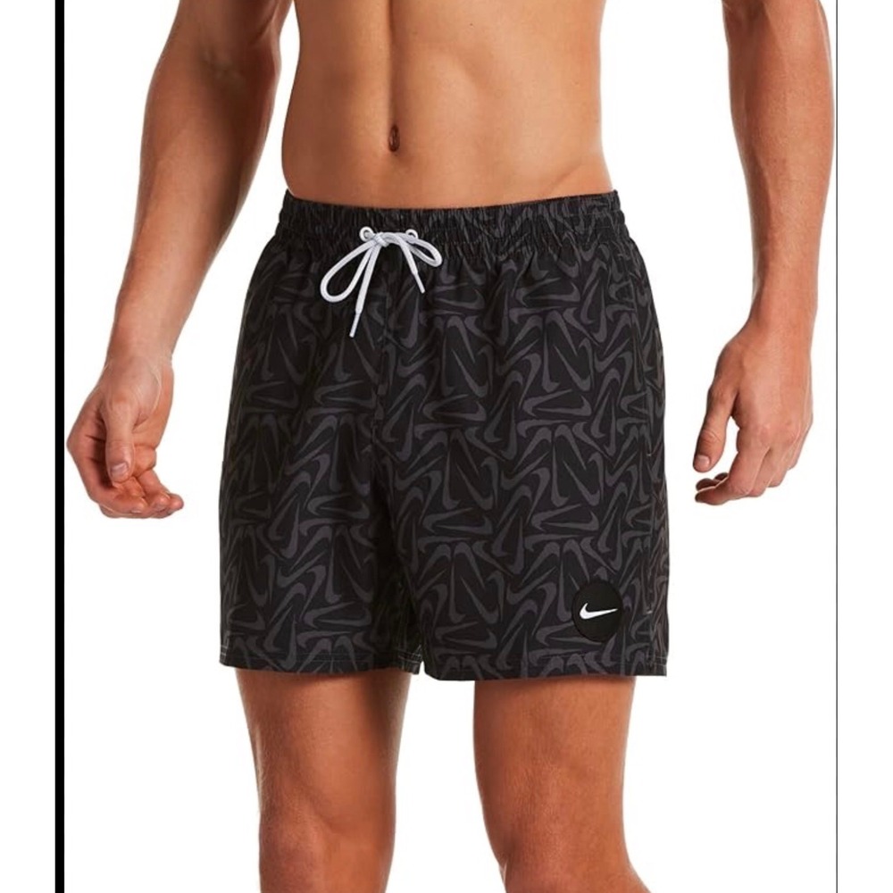 Rare Nike Swim Trunks Men XL Black Swoosh All Over Print Mesh Lined Board Shorts
